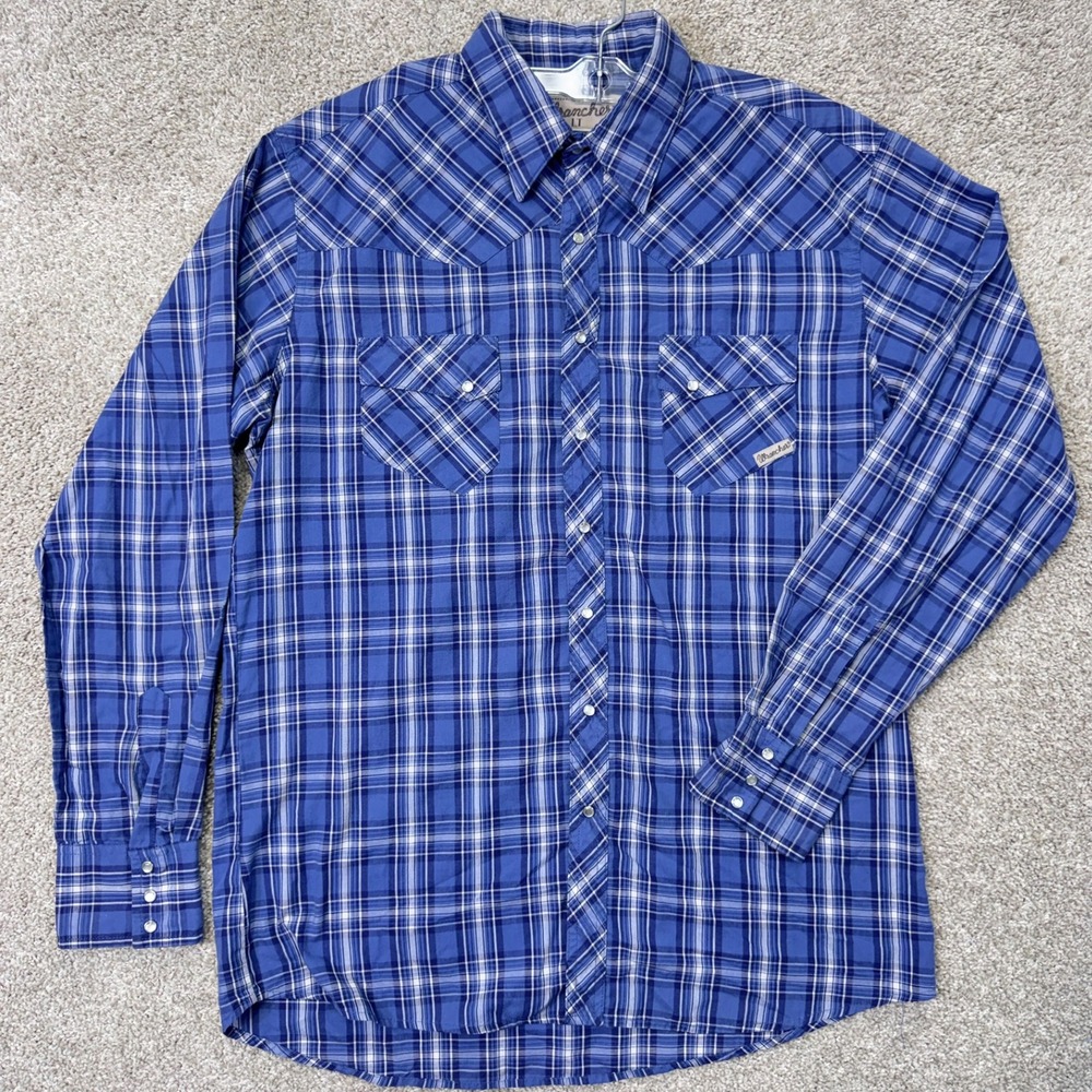 Wrangler Shirt Mens LT Wrancher Blue Plaid Pearl Snap Western EUC MTW1019